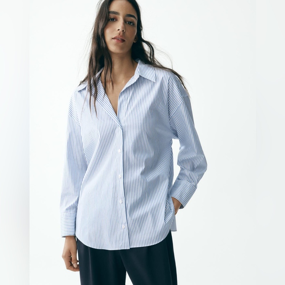 Zara Striped Blue and White Button Up Dress Shirt